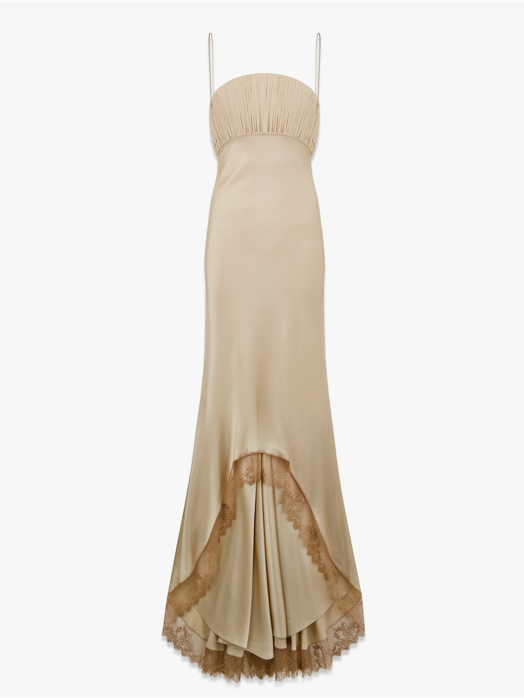 Платье миди со шлейфом на бретелях из шелка и кружева