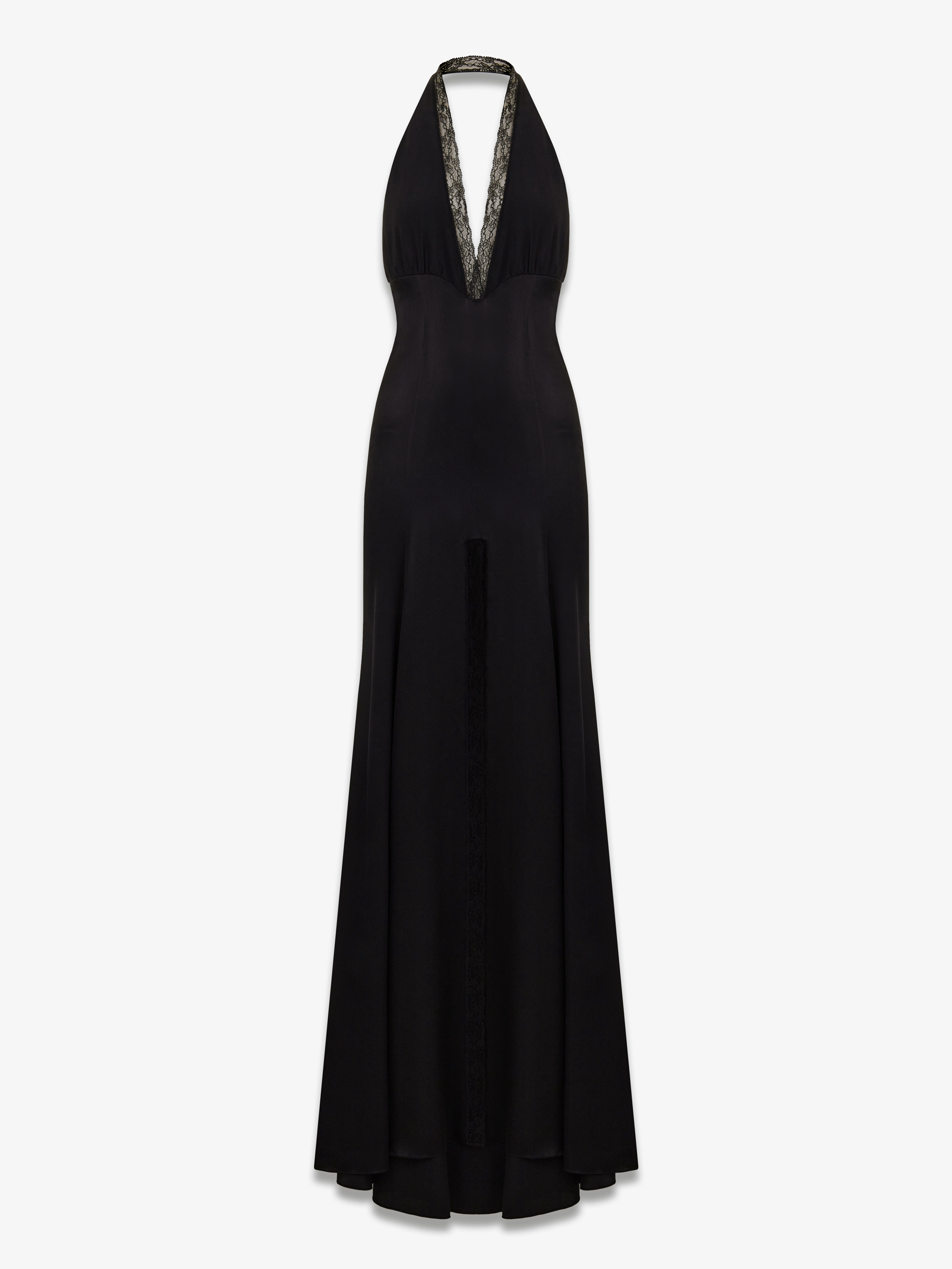 Платье макси из атласного шелка и кружева с высоким разрезом